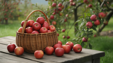 A bountiful wicker basket overflowing with freshly picked red apples sits on a wooden table in an apple orchard.