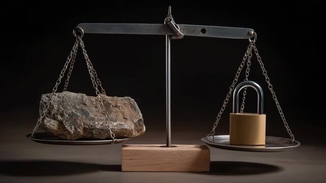 A scale with a rock on one side and a lock on the other. Balance scale with rare earth mineral on one side and heavy padlock on the other, conceptual symbolic export ban, dramatic lighting