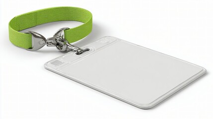 Blank badge with green lanyard on white, identification and access
