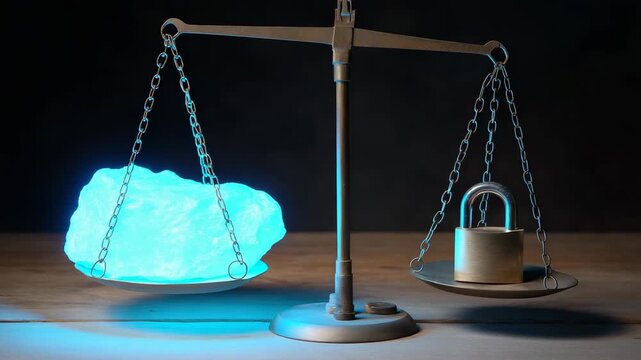 A scale with a rock on one side and a lock on the other. Balance scale with rare earth mineral on one side and heavy padlock on the other, conceptual symbolic export ban, dramatic lighting