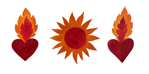 Watercolor illustration featuring a red-orange sun disc with fiery flares and red burning hearts, all on a white background. Energetic and passionate, perfect for Chinese New Year (Fire Horse), love