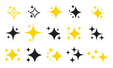 Sparkles, stars and bursts icons, twinkling stars. Vector set of different black and golden sparkles icons on white background. Vector illustration.