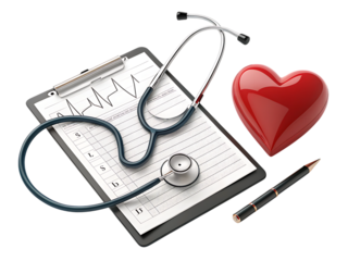 A stethoscope on a clipboard with a heart shape and a pen on a black background for healthcare created with generated ai
