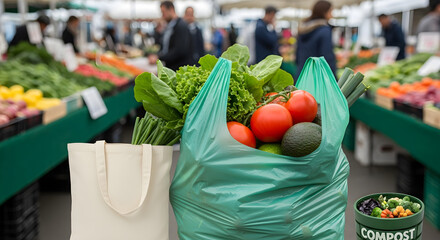 Fresh organic produce in eco-friendly bags at vibrant farmer's market offers healthy lifestyle choices for conscious consumers