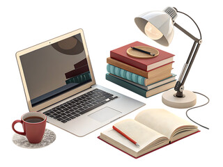 A desk setup with a laptop, books, a lamp, an open book, and a cup of coffee on a black background created with generated ai
