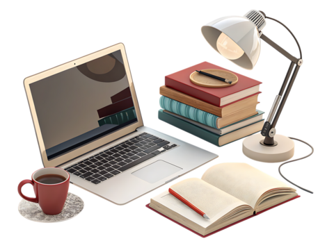 A desk setup with a laptop, books, a lamp, an open book, and a cup of coffee on a black background created with generated ai