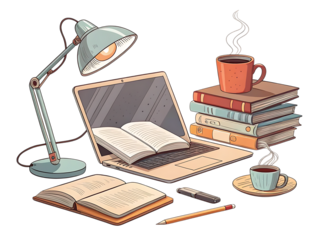 Illustration of a desk with a laptop books coffee lamp and stationery on a black background created with generated ai
