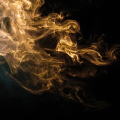 Fototapeta premium Eye-catching photo of swirling gold smoke texture on black background creates mesmerizing visual effect, evoking sense of elegance and mystery. dynamic movement of smoke adds depth.