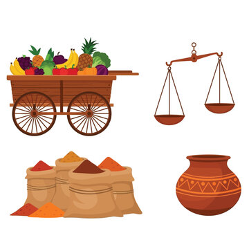 Illustration featuring a produce cart overflowing with fruits and vegetables, alongside scales, spice sacks, and a decorated clay pot.