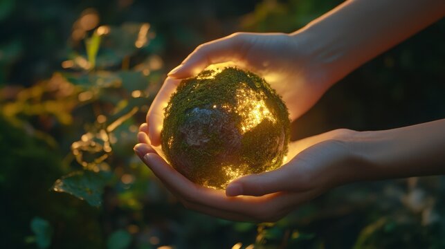 Glowing Mossy Orb Held In Hands, Environmental Concept