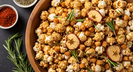 Gourmet caramel popcorn with apple slices and rosemary, a delicious treat for food lovers and culinary businesses, perfect for menus and marketing