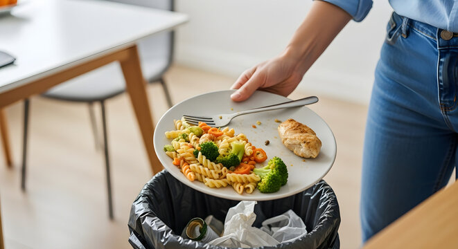 Person discarding leftover food into trash bin, reducing waste and promoting sustainable living with healthy meal