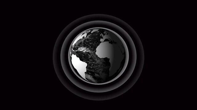 Earth planet, abstract gray globe planet , with radio white color waves loop out animation on black background.
