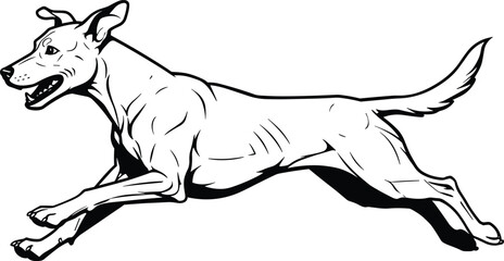 Energetic dog running illustration, black and white style, isolated cartoon pet art on gray background