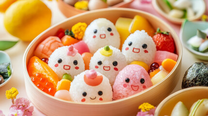 Adorable Rice Ball Bento with Smiling Faces and Fresh Vegetables