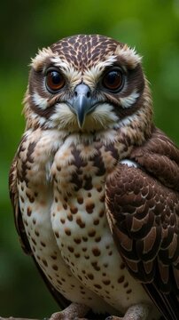 Stunning close-up reveals a Potoo's cryptic beauty, with huge, dark eyes perfectly adapted for night vision and a wide, flat beak against a soft green backdrop.