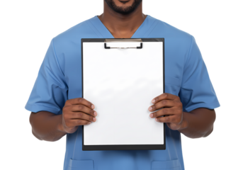 Male Nurse Holding Blank Clipboard Medical Professional Healthcare Doctor Hospital Patient Records isolated on transparent background