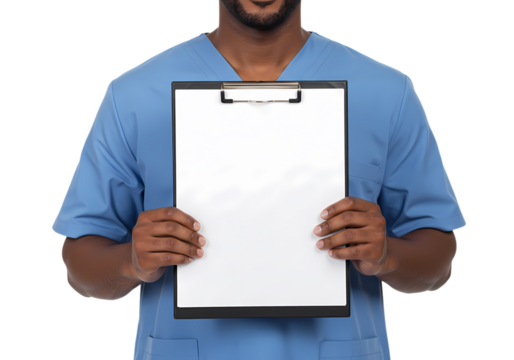 Male Nurse Holding Blank Clipboard Medical Professional Healthcare Doctor Hospital Patient Records isolated on transparent background