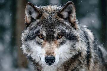 Fototapeta premium Gray wolf in snowy forest at dusk.