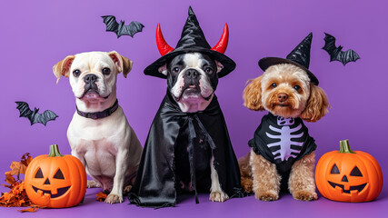 Fototapeta premium Three cute dogs in Halloween costumes with pumpkins and bats on purple background