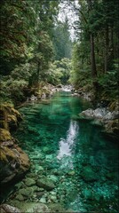Emerald stream flows through lush forest