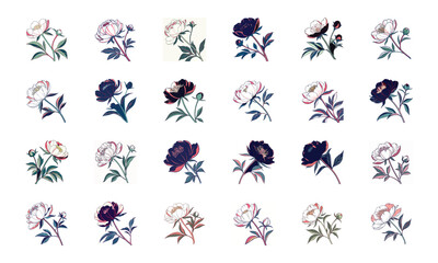 Set of 24 Beautiful Colorful Floral Illustrations Featuring Lavender, Lotus, Roses, Daisies, Gerbera, Hibiscus, Lilies, Peonies, Orchids, Cherry Blossoms, and Plumeria Flowers in Elegant Botanical Ar