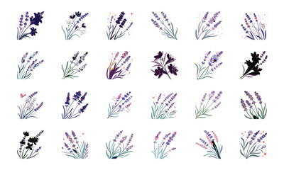 Set of 24 Beautiful Colorful Floral Illustrations Featuring Lavender, Lotus, Roses, Daisies, Gerbera, Hibiscus, Lilies, Peonies, Orchids, Cherry Blossoms, and Plumeria Flowers in Elegant Botanical Ar