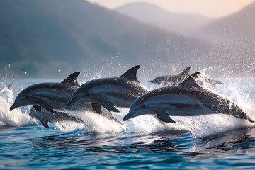  dolphins leap from water near mountains at sunset.