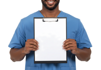 Smiling Male Nurse Holding Blank Clipboard Medical Professional Healthcare Doctor Hospital Clinic isolated on transparent background