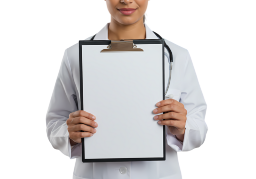 Female Doctor Holding Blank Clipboard isolated on transparent background - Powered by Adobe