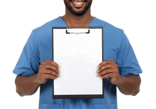 Smiling Male Nurse Holding Blank Clipboard Medical Professional Healthcare Doctor Hospital Clinic isolated on transparent background