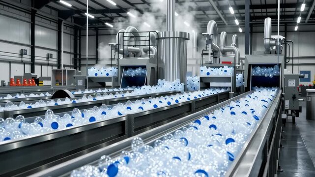 Conveyor with plastic bottles at recycling plant. Environmental issue and industrial production.