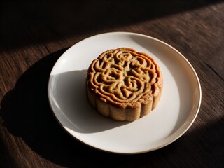 A realistic close-up top-down view of a round mooncake with a slightly rustic, uneven crust.