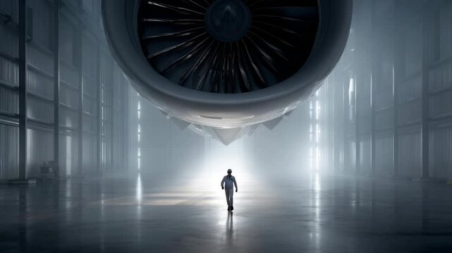 Engineer walking under giant airplane engine in hangar