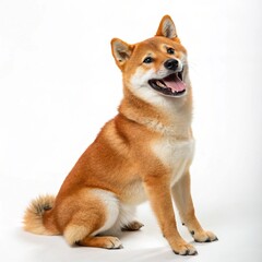 Shiba Inu Sitting and Smiling on White Background