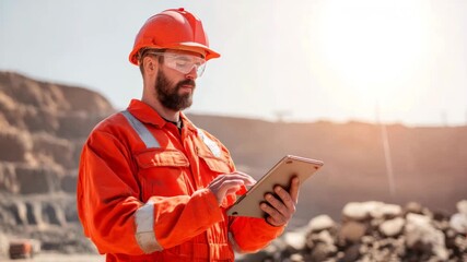 Engineer in orange uniform using tablet at mining site - Powered by Adobe