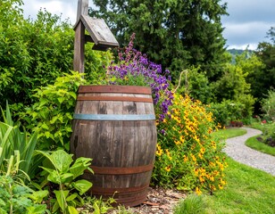 Rustic wooden barrel planter amidst lush garden flowers, path, and greenery