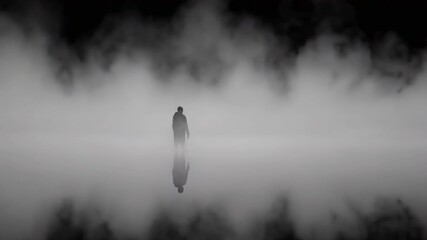 Lone figure walking through dense fog reflected on wet surface in grayscale dreamlike scene. Concept of mystery and isolation
