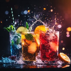 Bold Colors Are at the Forefront of a Creative Image Concept. Colorful Splashing Cocktails with Fresh Fruits and Ice on Dark Background