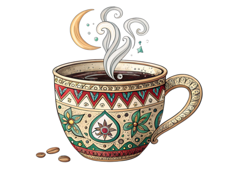 A decorative coffee cup with steam and a crescent moon on a black background illustration created with generated ai