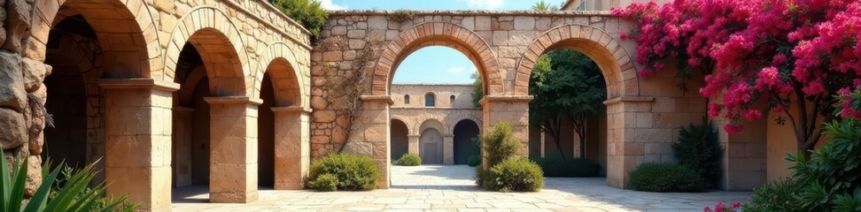 Obraz premium Ancient Roman arches framed by vibrant oleander blossoms , detail, flowers, Colosseum
