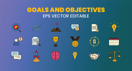 comprehensive set of modern vector icons representing business goals, objectives, and success. The collection features a clean, flat design with a line-art style and vibrant colors.