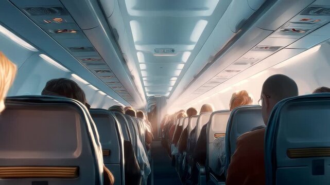 Passengers seated inside airplane cabin during flight