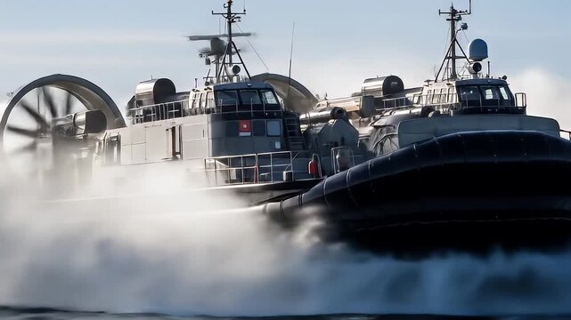 Hovercraft speeding on water, kicking up huge spray. 4K Video