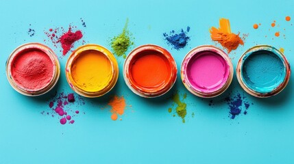 Bold Colors Are at the Forefront of a Creative Image Concept. Vibrant Splashes of Paint in Colorful Jars on Bright Blue Background for Creative Projects