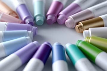 Colorful cosmetic tubes forming a circle on white background