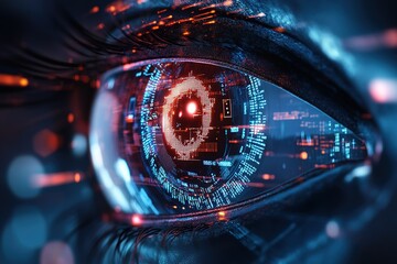 A simplified but powerful AI cyber security system visualized as a robotic eye zooming in on suspicious code, minimalistic futuristic UI