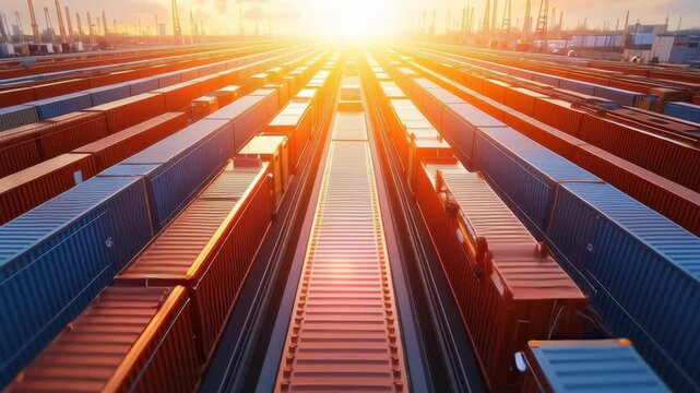 A train yard with many different colored containers. The sun is shining brightly on the scene. Scene is bright and cheerful