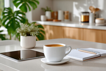 Fototapeta premium Coffee, tablet, and notebook creating a relaxing morning workspace in kitchen