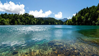 Serene lake with clear water and lush forest
